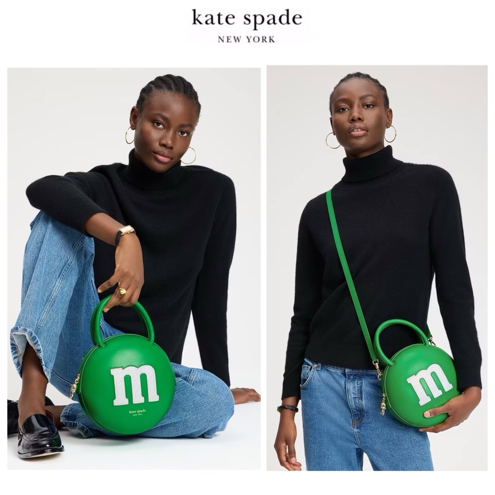 NWT M&M x Kate Spade♠️Green Smooth Leather Crystals Embellished 3D Crossbody Bag
